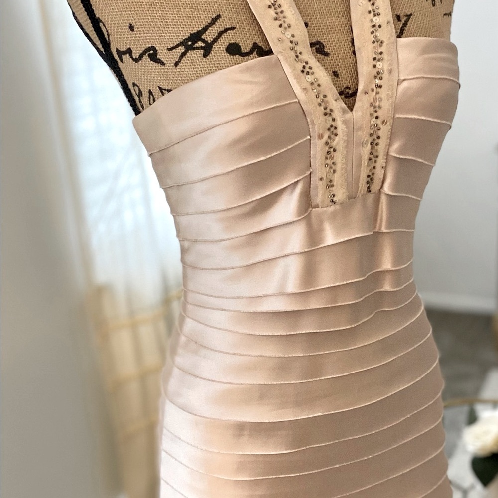 BCBG MAXAZRIA Champaign Satin Bandage Cocktail Dress with Beaded Tie Halter
